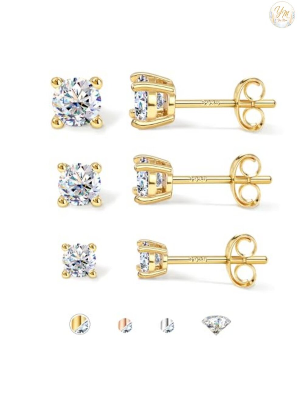3 Pair Moissanite Earrings 925 Sterling Silver 16K Yellow Gold Plated Round